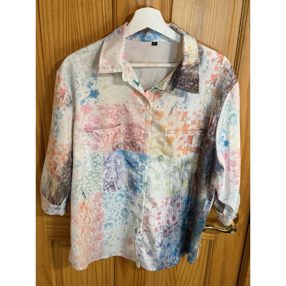 Women's XL Abstract Floral Linen Blend Button Front Shirt Blouse Multicolor Art